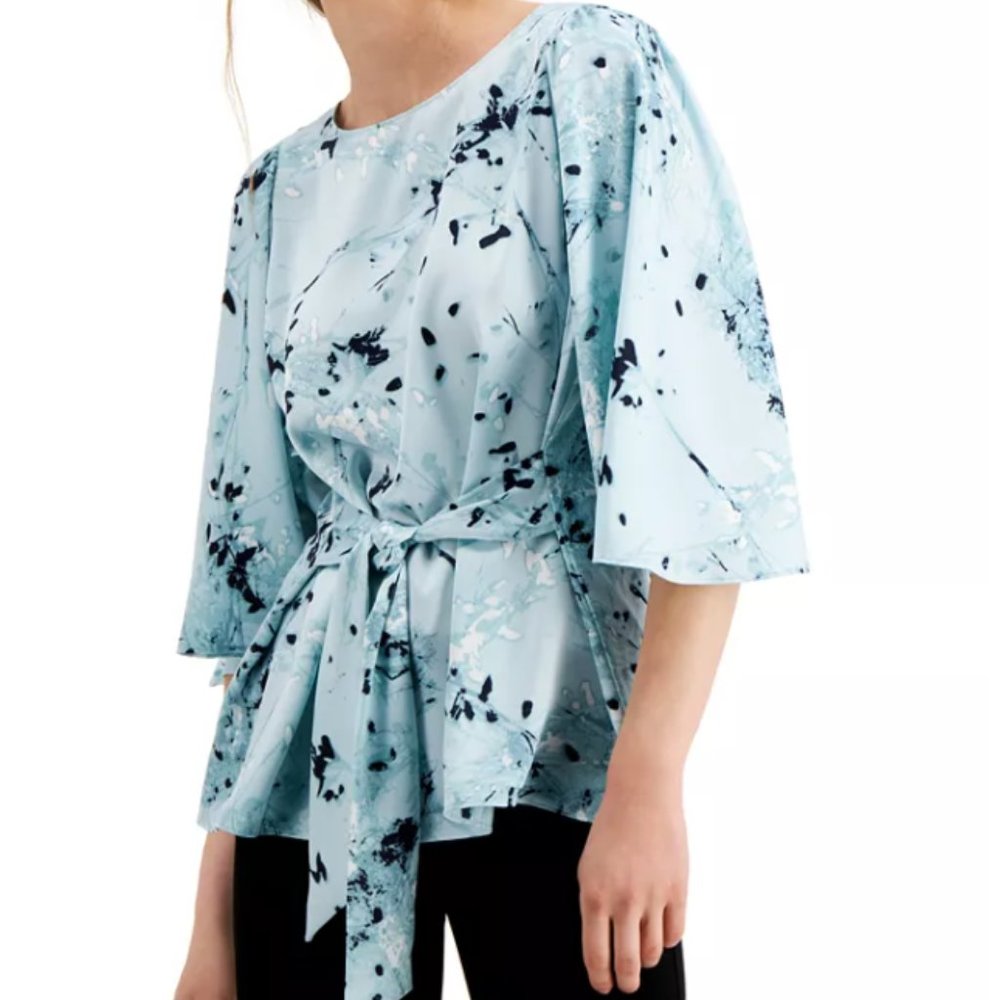 Small Sky Blue Alfani Printed Tie-Front Flare Sleeves Floral Blouse